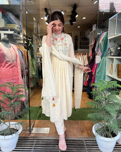 Off-White Cotton Dobby Embroidered Kurta Pant And Dupatta Set For Women