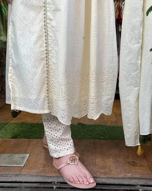 Off-White Cotton Dobby Embroidered Kurta Pant And Dupatta Set For Women