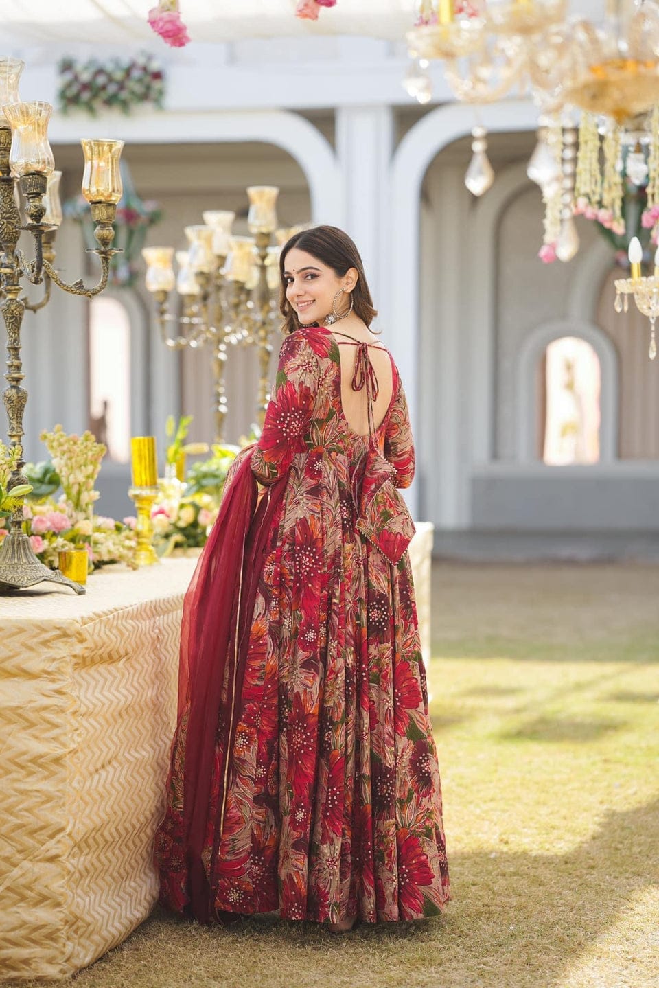 Maroon Foral Women Kurta Pant And Dupatta Set