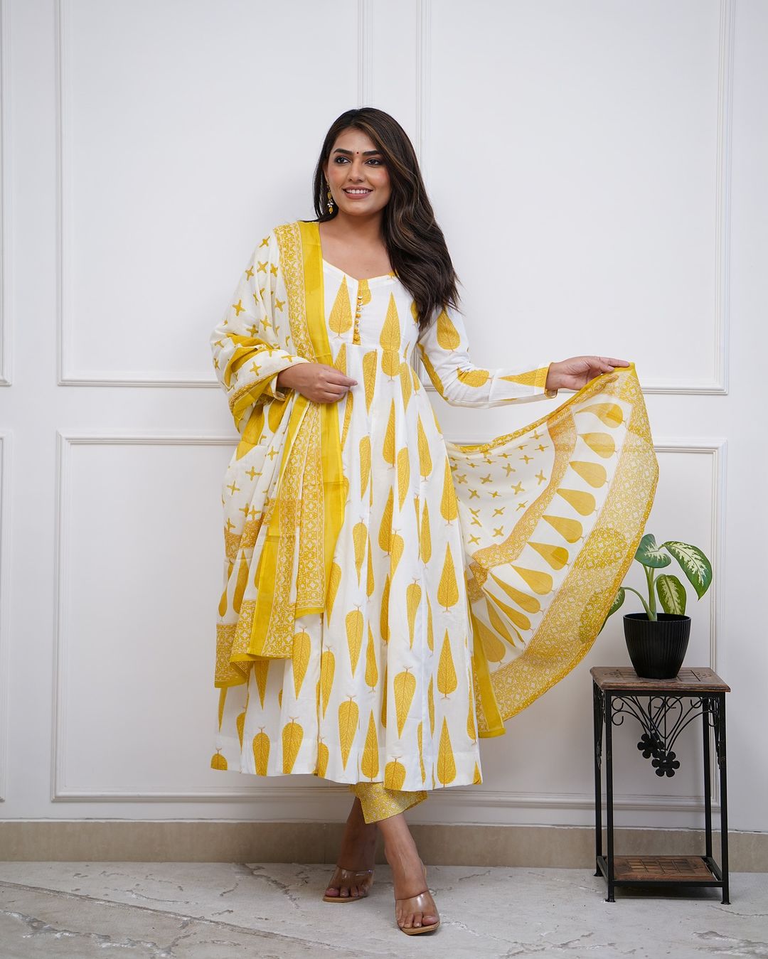 Beautiful Cotton Fabric Anarkali Kurti Pant With Malmal Dupatta(Yellow)