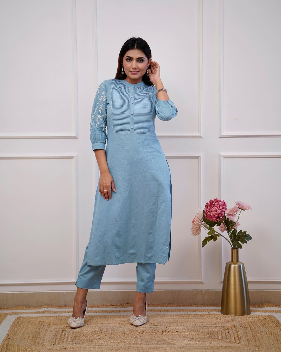 Light Blue Women Cotton Blend Kurta And Pant Set