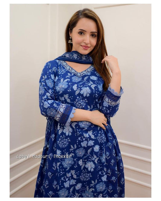 Blue Printed Cotton Kurta Set Pant And Dupatta Set