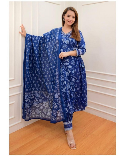 Blue Printed Cotton Kurta Set Pant And Dupatta Set